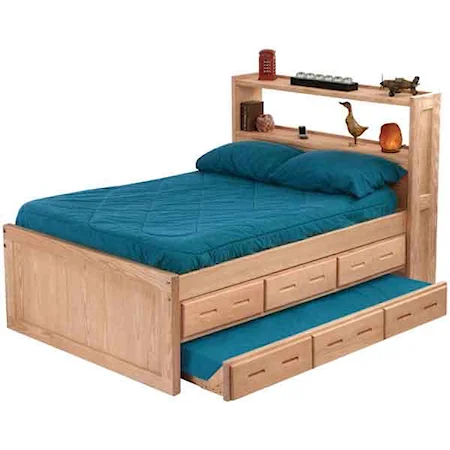 Double Captain's Bed with Headboard Bookcase and Under Bed Storage and Trundle